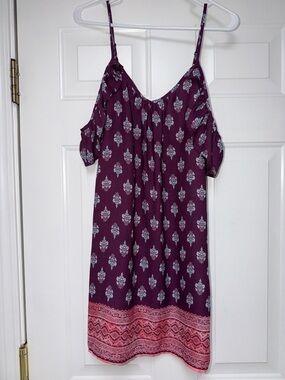 Xhilaration Purple Cold-Shoulder Dress with Pink Border Print